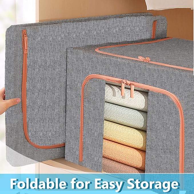 Large Storage Bags,Stackable Clothes Storage Bins with Hold Shape Metal Frame,Foldable Closet Organizer Containers with Zipper,Clear Window,Thick Fabric for Seasonal Clothing (Beige, 100L x 4 Pack)
