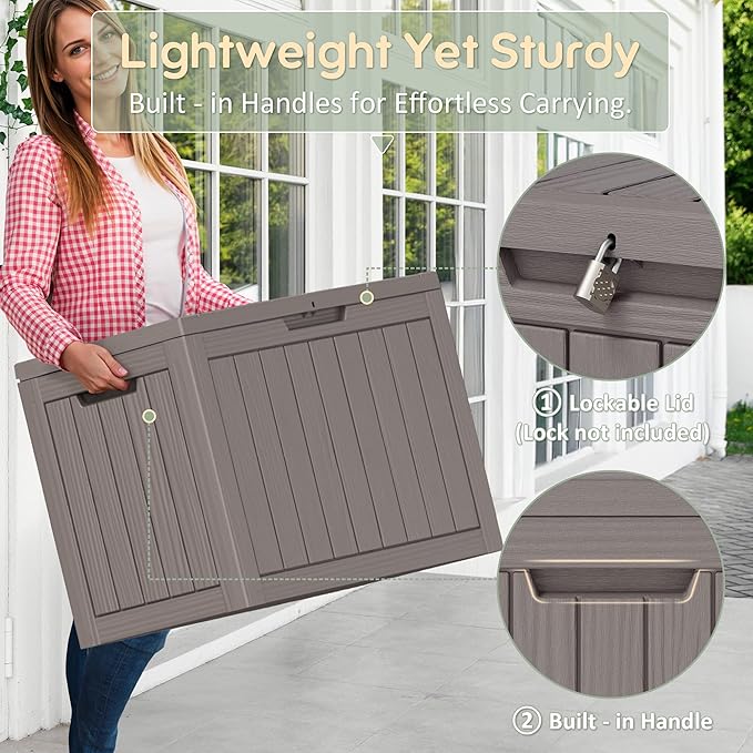48 Gallon Outdoor Storage Deck Box Waterproof,Garden Tool,Backyard Cushion,Poolside Storage,Small Delivery Boxes for Outside,UV-Resistant & All-Weather,Wood-like Striped Gray