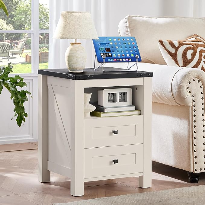 Nightstand with Charging Station and USB Port, Farmhouse Side End Table with 2 Drawers and Open Shelf, Wood Rustic Sofa Table, Bedside Cabinet for Bedroom, Living Room, Closet, Office (White)