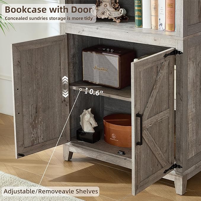 5 Tier Bookshelf 70in Tall Bookcase with Barn Doors and Storage Cabinet, Grey Farmhouse Book Shelf with Adjustable Shelves, Wood Freestanding Display Bookshelves for Bedroom, Kitchen (3 PCS)