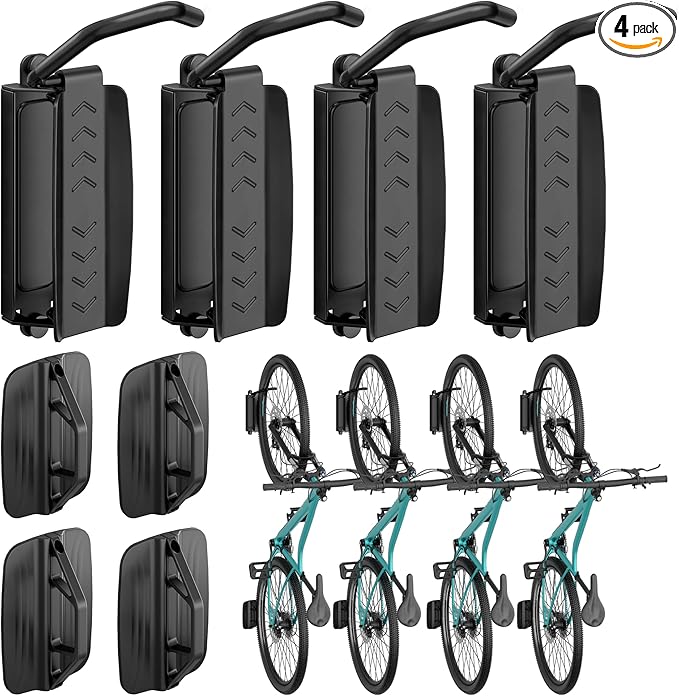 4 Pack Bike Rack Garage, Bike Wall Mount Heavy Duty, Holds 77 Lbs, Swivel Bike Hangers for Garage, Adjustable Indoor Bike Storage for Bedroom Home Office, 4 Pack