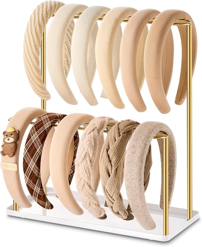 pickpiff Headband Holder Organizer Metal 2-Tier with Tray: Hair Accessories Display Stand Storage, Purse Charms Key Rings Rack Necklace Stand Home Bedroom for Girls Women, Gold