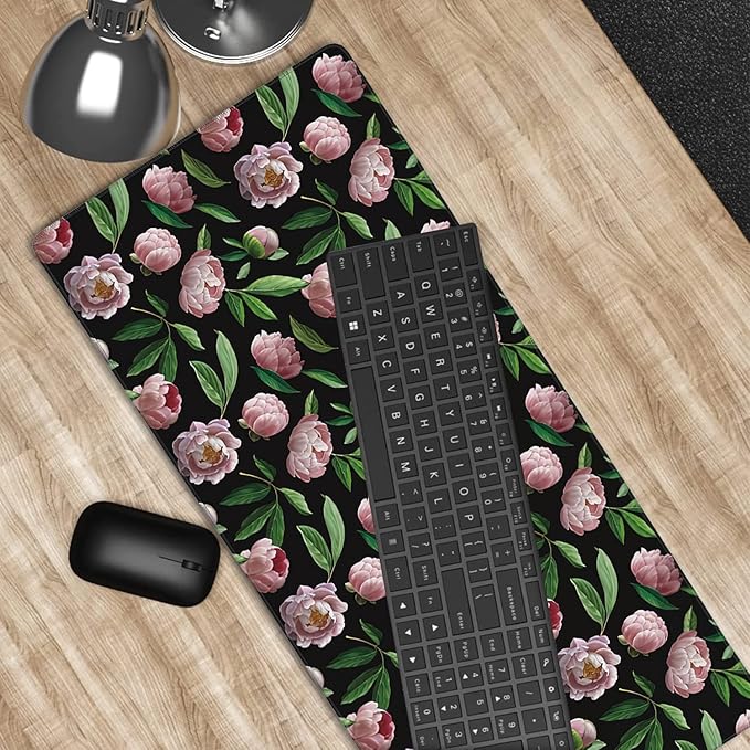 Beautiful Flower Pink Peonies Gaming Mouse Pad XXL Large Desk Mouse Pad Keyboard Mat with Stitched Edges Waterproof Non-Slip Desk Mat for Laptop,Keyboard,Computer 35.4 * 15.7 Inch