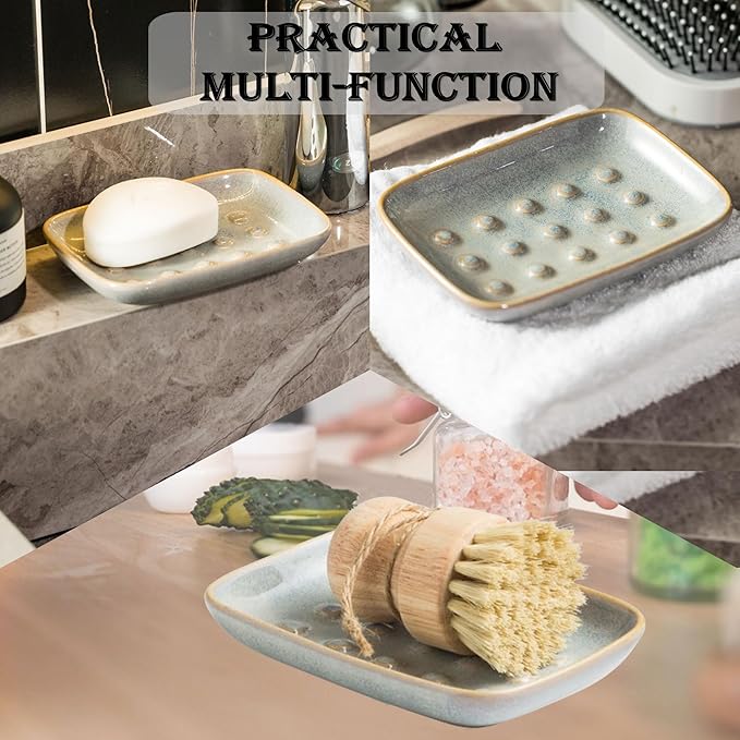 Soap Dish for Shower, Ceramic Soap Dish Non-Slip Soap Holder Bar Saver Tray for Bathroom Kitchen Sink, Floating Point Design Save Soap Loss