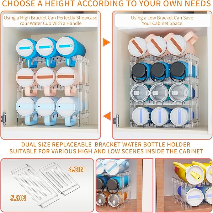 Yieach Stackable Water Bottle Organizer for Cabinet Yeti or Stanley Storage Organizers - Larger Compartment for 40 oz Stanley Cup Holder and Other Tumbler Organizers,Waterbottle Rack for Pantry,4 Tier
