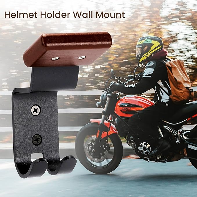 Motorcycle Helmet Holder Wall Mount - Solid Wood & Steel Gear Organizer Rack with 2 Hooks, Heavy Duty Display Hanger for Helmets, Football Gear, Ski Equipment, Hats, Jackets