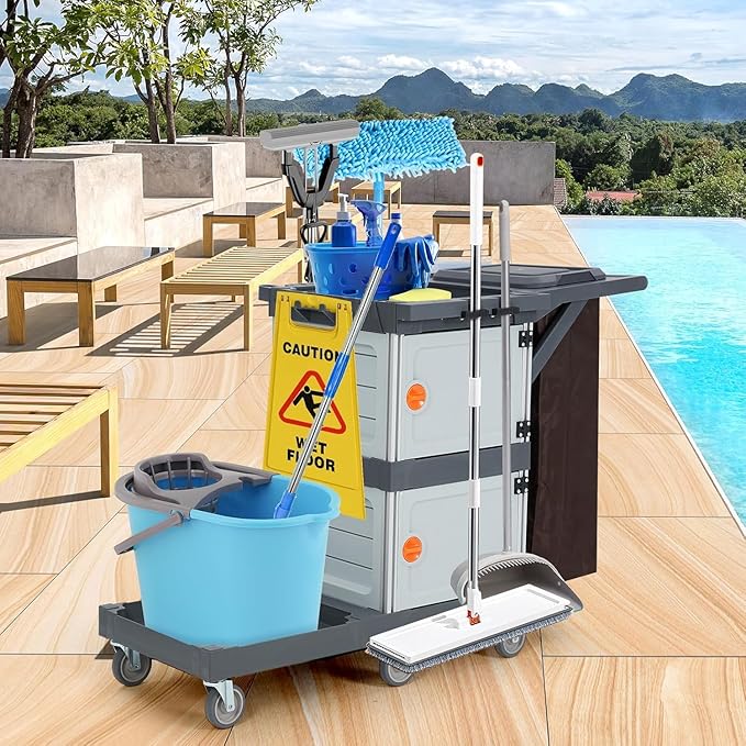 Commercial Janitorial Cleaning Cart: 3 Shelves + 2 Cabinets + Oxford Bag + Cover, Wheel Rolling Housekeeping Cart for School, Hotel, Apartment & More