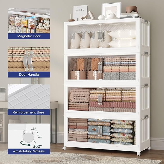 800QT Extra Large Stackable Storage Bins with Lid & Wheels & Doors, 200Gal Foldable Collapsible Closet Organizers, Plastic Cabinet Box Container Drawer for Home Kitchen Bedroom, 5Pack White
