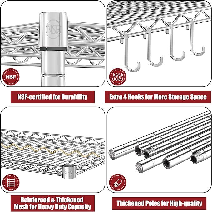 PrimeZone 4 Tier 55.5" Wx24 Dx76 H Wire Shelving with Wheels 2400lbs NSF Certified Storage Shelves Heavy Duty Metal Shelf Adjustable Rolling Rack Commercial Garage Restaurant Warehouse Chrome 4Pack