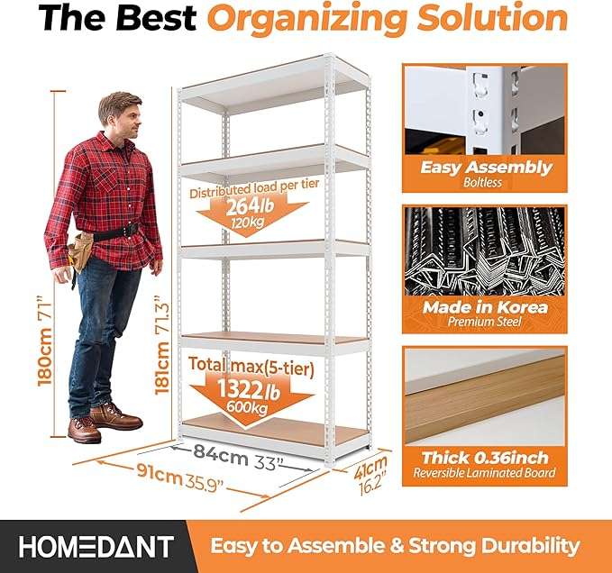 HOMEDANT 5 Tier Storage Shelves Adjustable Laminated Boltless Garage Metal Shelving Unit Heavy Duty Utility Rack Shelf Warehouse Pantry Closet Kitchen (10, (M) 35.9" W, White)