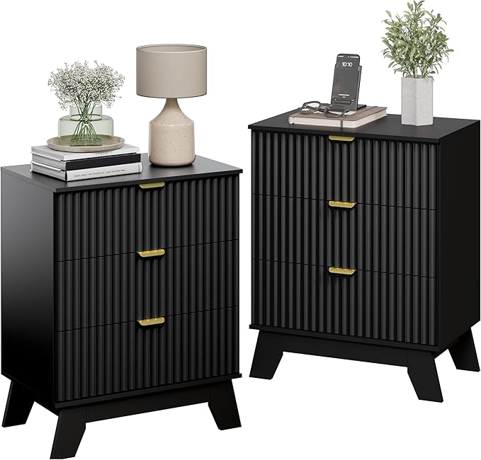 Black Night Stand with 3 Drawers, Bedside Table & End Table, 24" Wide Mid Century Modern Fluted Wood Nightstand with Metal Handles, Farmhouse Night Stands for Bedroom