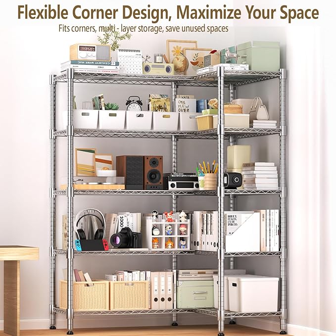 Himimi Storage Shelves-5 Tier Heavy Duty Wire Shelving Unit with Leveling Feet, 1500LBS Adjustable Metal Shelves Organizer for Kitchen Garage Pantry Laundry, 60" W*14" D*72" H, Silver