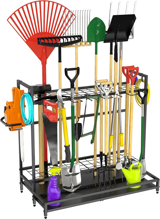 Garden Tool Organizer for Garage, Yard Tool Rack, Holds Up to 64 Long-Handled Tools, Black Metal Garden Tools Rack Storage with Hooks for Yard Shed Garage Organization