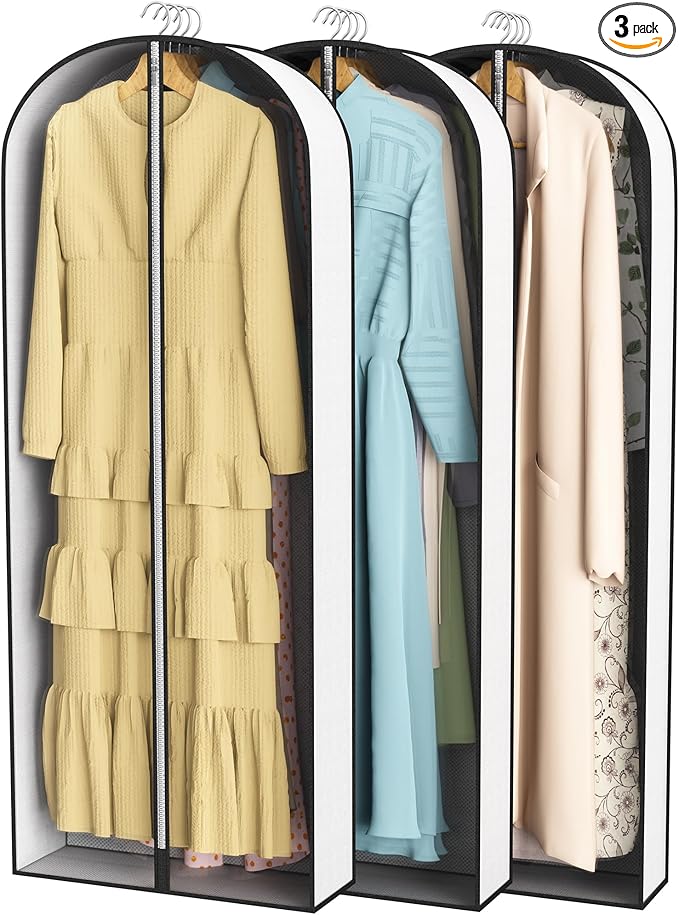 60” Garment Bags for Hanging Clothes 4” Gusseted - with Clear Window, Breathable Fabric, Metal Zipper, Suit Coat Long Dress Protector for Clothes Closet storage, Season Off, Moving, 3 Pack