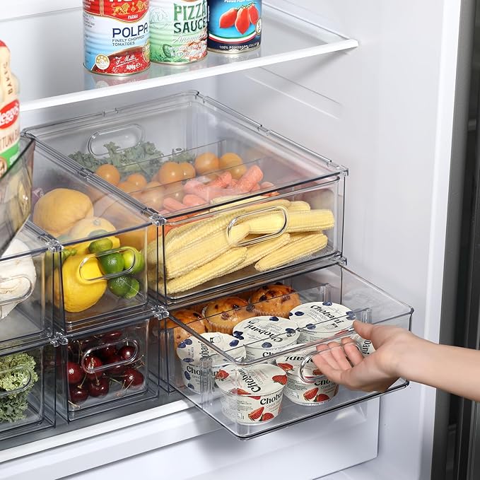 Fridge Drawer Pull Out Stackable Bins, Clear Refrigerator Stackable Organizers, Fridge Organizer Storage for Kitchen, Pantry, Vegetables, Fruits (2 Large)