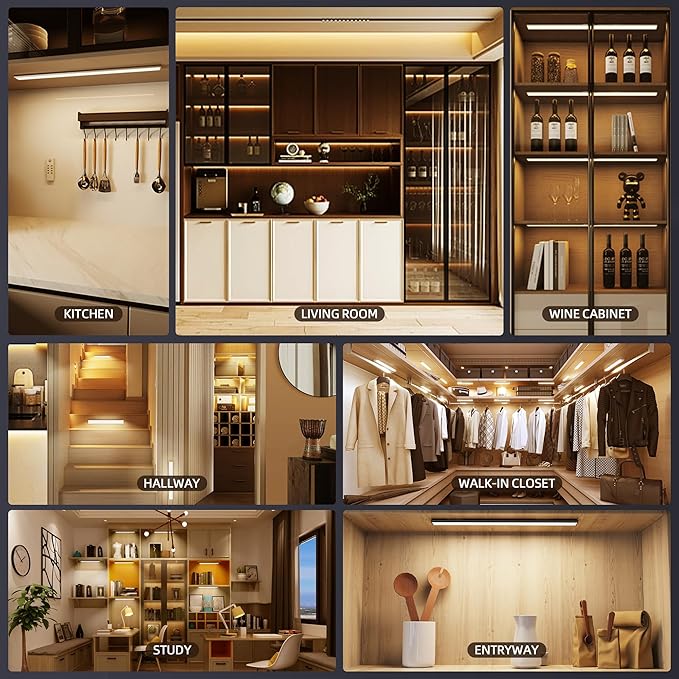 276 LED Under Cabinet Lights Wireless with Full Lighting,Rechargeable Closet Lights with Remote and Motion Sensor Indoor,Under Counter Light with CCT and Dimmable for Kitchen,Stair(3 Pack,31.5inch)