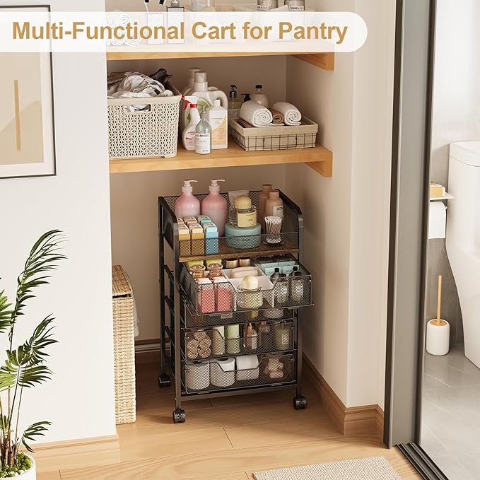 5-Tier Craft Organizer Cart with Wheels-Storage Cart with Drawers,Lockable Wheels Rolling Utility Cart,Makeup Cart with DIY Divider,Office Supply Organizer Storage for Studio,Office,Bedroom,Black