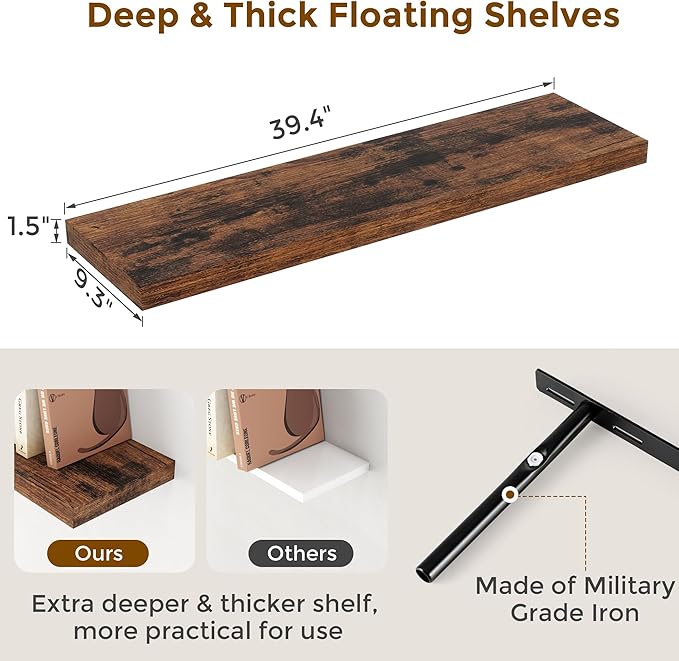Fun Memories 40 Inch Floating Shelvese, 40" W x 9.3" D Floating Shelf Set of 2, Farmhouse Wood Wall Shelves for Bedroom, Kitchen, Wall Mounted Deep Shelving for Home Decor, Rustic Brown Color