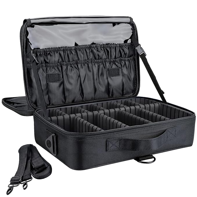gzcz Travel Makeup Bag,Professional Cosmetic Bags for Women,Portable Makeup Brush Case Organizer Storage with Adjustable Dividers and Shoulder Strap (Medium)