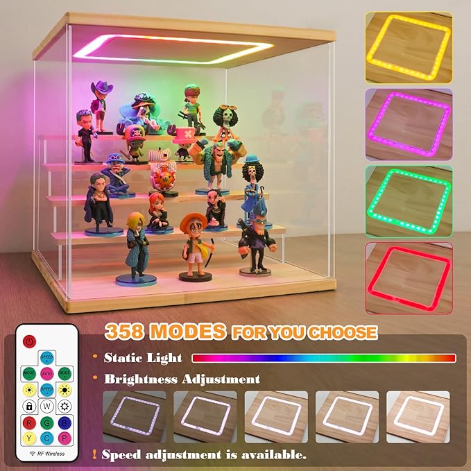 NONEMEY Clear Acrylic Display Case with Light ,3/4/5/6 Tier Multiple Color Lights via Remote Control Dustproof Display Box for Collectibles Figures Mini Toys (4Tier 12.4*9.6*10.4inch)