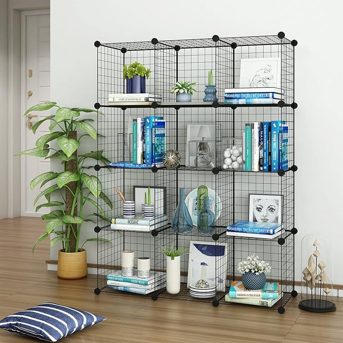 TUMUCUTE Wire Storage Cubes, Metal Storage Shelves Bookshelf, Stackable Modular Closet Organizer for Bedroom Living Room, Office, Black (12 Cubes, Iron)