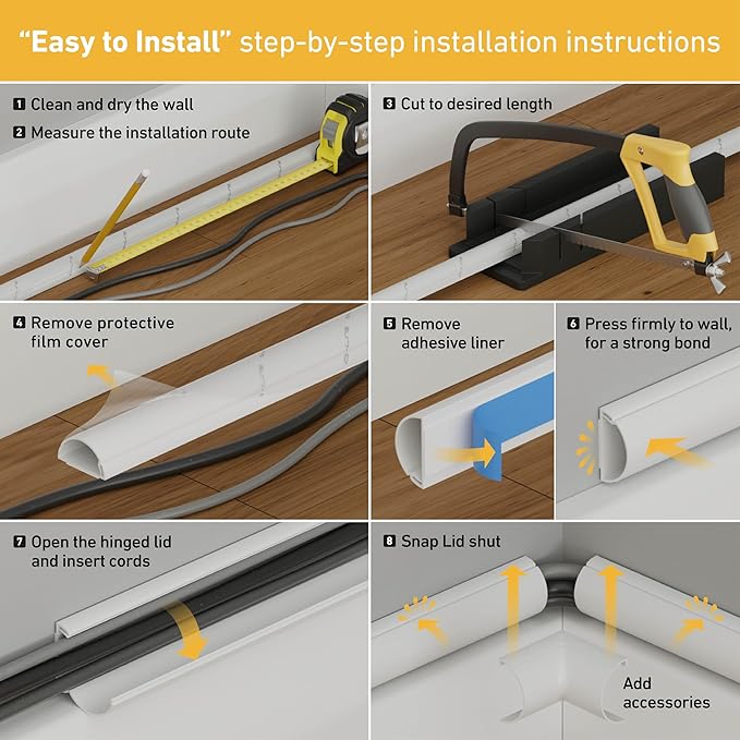 D-Line Half Round Cord Hider, Patented Cable Cover, Hide TV Wall Mount Wires, Raceway for Cords, Decorative Wire Covers, Paintable, Adhesive Cable Concealer, 2X 0.78in W x 0.39in H x 39in L, White