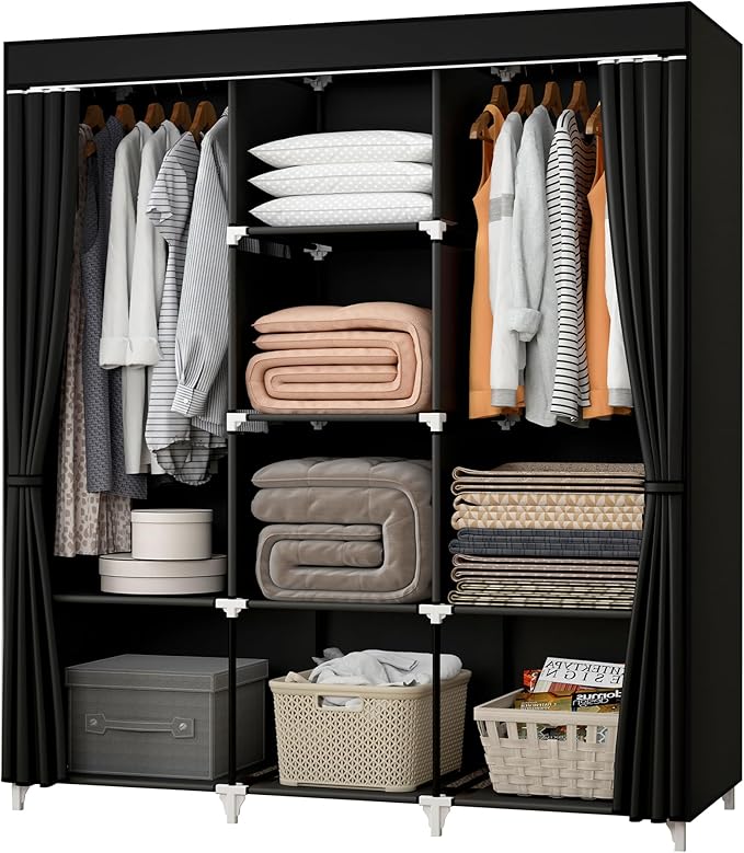 Portable Closet, 51 Inch Wardrobe Closet for Hanging Clothes with 2 Hanging Rods, 8 Storage Organizer Shelves for Bedroom, Durable and Easy to Assemble, Black