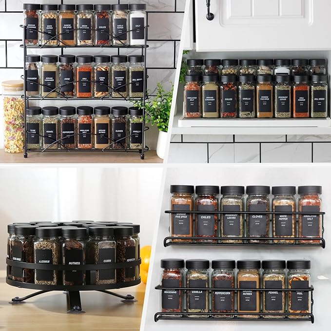 24Pcs Spice Jars Containers with Labels，4oz Black Seasoning Bottles with Shaker Lids for Rack, Cabinet, Drawer,Empty Square Condiment Pots (24, Black)