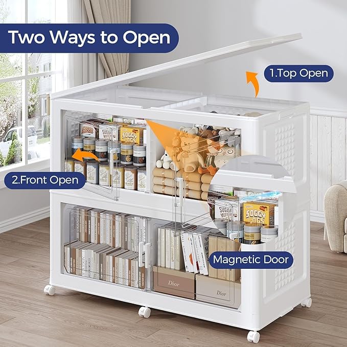 150Gal Stackable Storage Bins with Lid, 600Qt Extra Large Collapsible Storage Box with Wheels, Dividers, Folding Plastic Cabinet Closet Organizers for Home Kitchen Office Dorm, 3Pack White