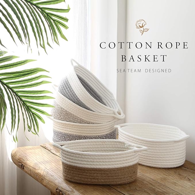 Sea Team 2-Pack Cotton Rope Baskets, 10 x 7 x 4 Inches Small Woven Storage Basket, Fabric Tray, Bowl, Oval Open Dish for Fruits, Jewelry, Keys, Sewing Kits (Mottled Grey & White)