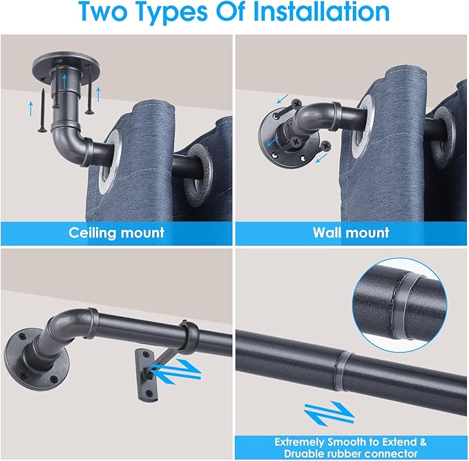 Industrial Curtain Rod, Curtain Rods for Windows 48 to 84 Inch, Rustic Wrap Around Curtain Rod, Fits Blackout Curtain, Indoor and Outdoor, Size: 30-86 Inch Gun ash。
