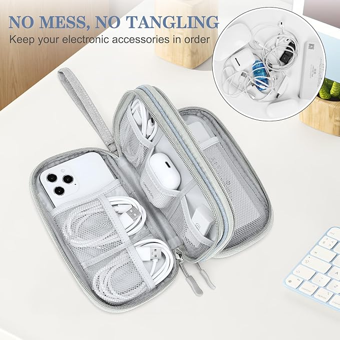 FYY Electronic Organizer, Travel Cable Organizer Bag Pouch Electronic Accessories Carry Case Portable Waterproof Double Layers All-in-One Storage Bag for Cable, Charger, Phone, Earphone Light Grey
