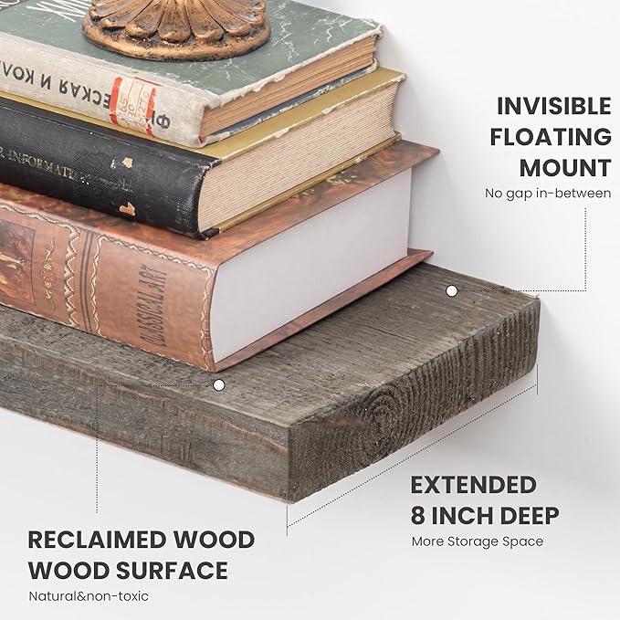 Solid Wood Floating Shelves, 8" Deep Rustic Reclaimed Barnwood Wall Hanging Floating Shelf with Invisible Heavy-Duty Metal Bracket | Wall Mounted | Farmhouse Style | 55 inches,1PC,Grey