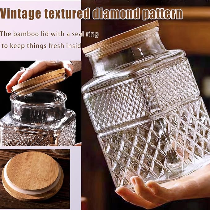 Viovian Large Glass Jar with Wood Lid and Spoon 60 OZ Square Thick Glass Storage Jars Airtight Lids Clear Decorative Vintage Canister for Food Candy Cookie Sugar Coffee Nuts Snack Dog Treat