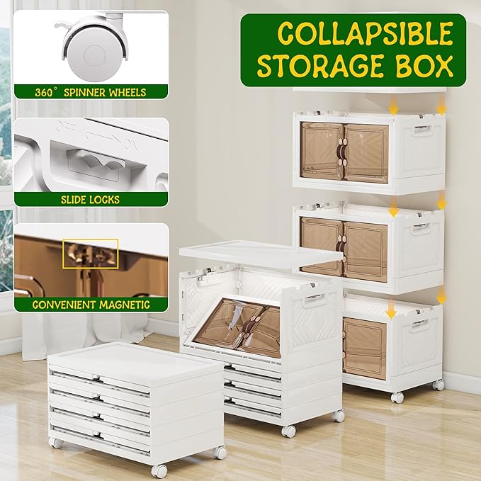 Storage Bins with 2 Lids and Wheels, Collapsible Bathroom Storage Cabinet with Clear Doors, Plastic Stackable Closet Organizers and Storage Containers White 597 QT