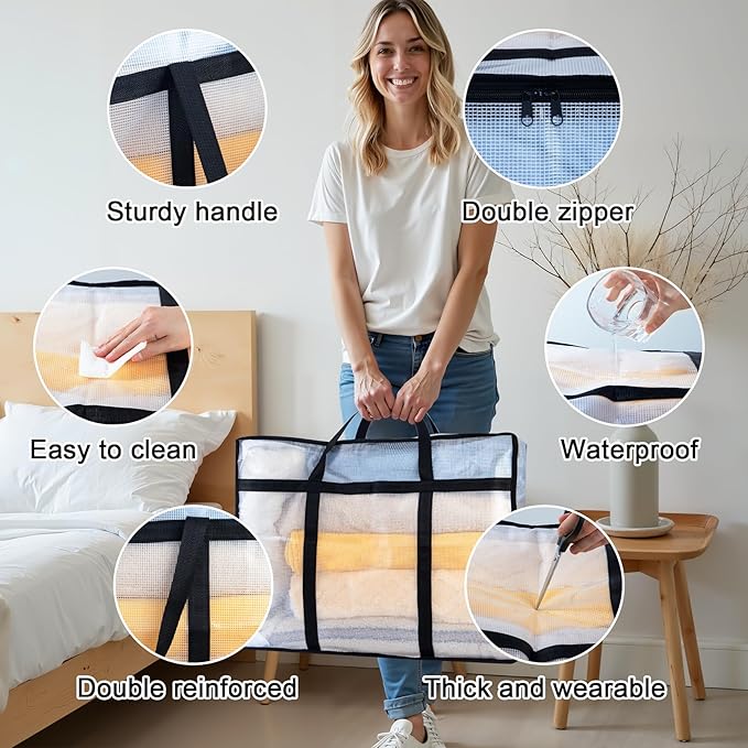 4 Pack Clear Blanket Storage Bags with Zipper, Vinyl Foldable Moving Bags Closet Organizers and Storage Containers for Bedding, Blankets, Comforters, Clothing, Toys, Quilt, Duvet, 40L