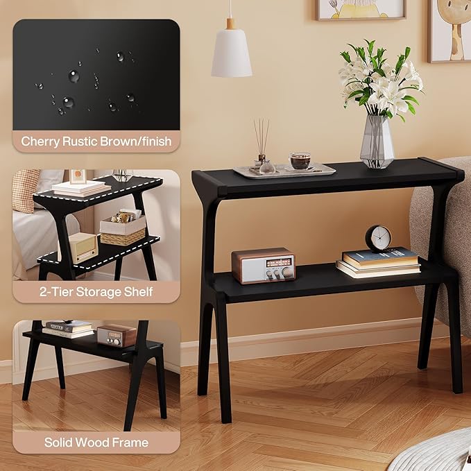 Solid Wood End Table, 2-Tier Side Table with Storage Shelf, Wooden Modern Accent Slim Bedside Table for Sofa, Living Room, Bedroom, Small Space, Easy Assembly, Black