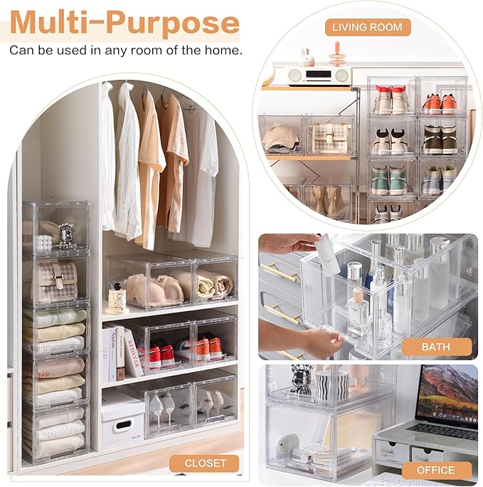 3 Packs Plastic Stackable Storage Drawers, DILIBRA Clear Storage Bins Organizer with Pull Out Drawer for Kitchen Cabinet Pantry Fridge Freezer Shelf Refrigerator Organization and Storage