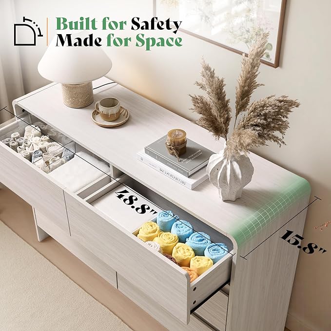 AMERLIFE 6 Drawer Dresser for Bedroom, 49" Long Modern Chest of Storage Drawers with Rounded Corners, Anti-Tip Kit, Wood Cabinet Organizer for Closet, Living Room, Nursery, Easy Assembly, White