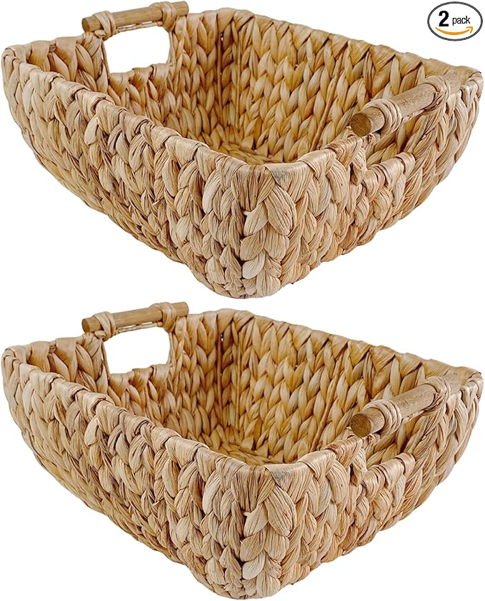Small Rectangular Handwoven Wicker Basket - Water Hyacinth Storage Baskets with 2 Polished Wooden Handles for Store Hand Towel, Fruits & Veggies etc – 12.25"x7"x4.75" - Pack of 2 - Natural