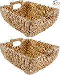 Large Rectangular Handwoven Wicker Basket - Water Hyacinth Storage Baskets with 2 Polished Wooden Handles for Store Hand Towels, Fruits & Veggies etc - 13.25"x12"x6.25" - Pack of 2 - Natural