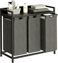Laundry Hamper with Shelf, Laundry Basket 3 Section, Laundry Sorter with Pull-Out Removable Large Bags and Movable Wheels, Metal Frame, 3 x 15.87 Gallons (60L), Black and Gray PF04XLC
