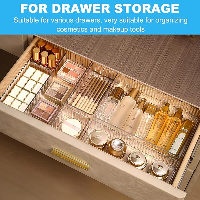 HOTOOLME 7PCS Clear Drawer Organizers Bins, 4 Size Stackable Makeup Drawer Organizer, Desk Plastic Drawer Storage Trays, Bathroom Drawer Storage for Cosmetics, Office Supply, Kitchen Utensils