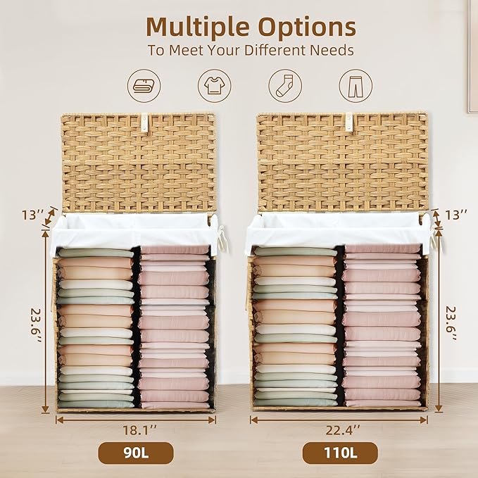 Woven Laundry Basket with Lid, Large Hamper with Removable and Machine-Washable Liner, Foldable Rattan Clothes Hamper, Sturdy Steel Frame, Odor Control, 90L Capacity, Goose Yellow