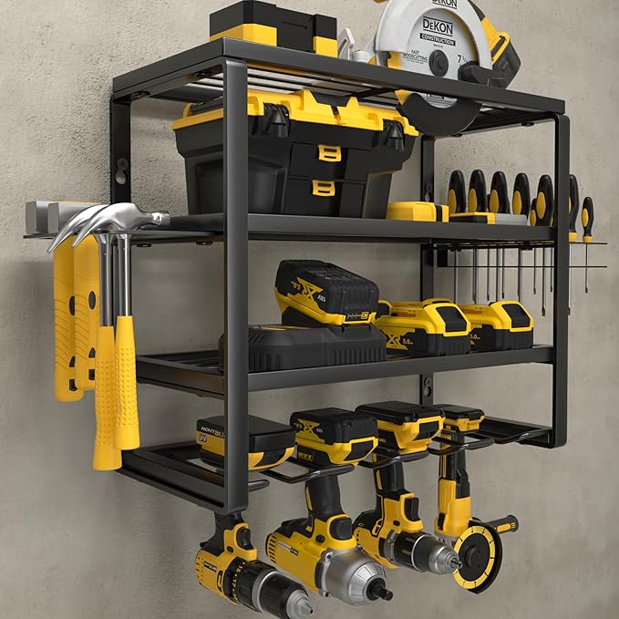 YYR 4 Layer Power Tool Organizer Wall Mount, Cordless Drill Hanger Storage Rack, Battery Tools Holder with Charging Station Shelf for Garage Organization, Workshop, Pegboard, Shed - 16 Inch 4 Slots