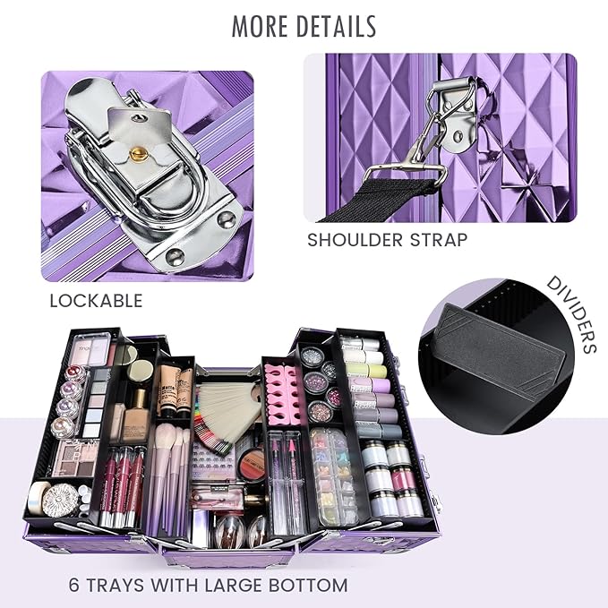FRENESSA Makeup Train Case Makeup Case 12.6 Inch Large Cosmetic Box Organizer Travel Storage Professional Make Up Train Carrying Case with 6 Trays Locking Shoulder Strap Hard Vanity Storage Purple