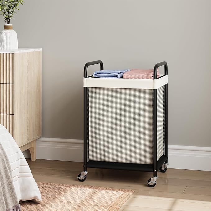 ELYKEN Laundry Basket with Wheels, 80L Rolling Laundry Hamper with Removable Liner Bag, Laundry Sorter with Metal Handle, Clothes Hamper Cart for Laundry Room, Bedroom, Bathroom and Dorm