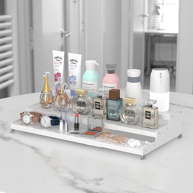 Spice Rack Organizer for Cabinet, 3 Tier Expandable shelf, Great for Kitchen Cabinets, Cupboard,Pantry and more,Metal plate with hole (1 Pack/White,9.45" D x 12.8"~24“L x 3.56" H)