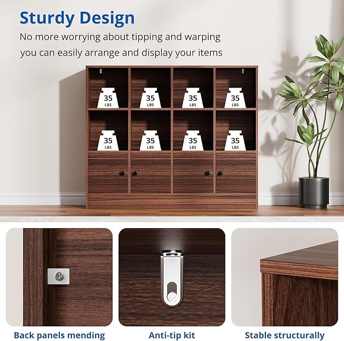 Cozy Castle Brown Wood Bookcase,12 Cube Storage Organizer Bookshelf with 4 Doors,3 Tier Storage Cabinet with Adjustable Shelves for Bedroom, Living Room, Office