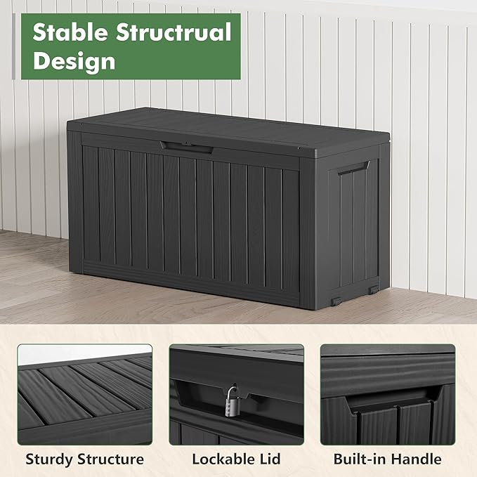 Outdoor Storage Box, Resin Deck Boxes Indoor and outdoor, Waterproof Storage Box Lockable Lid (Black, 73 Gallon)
